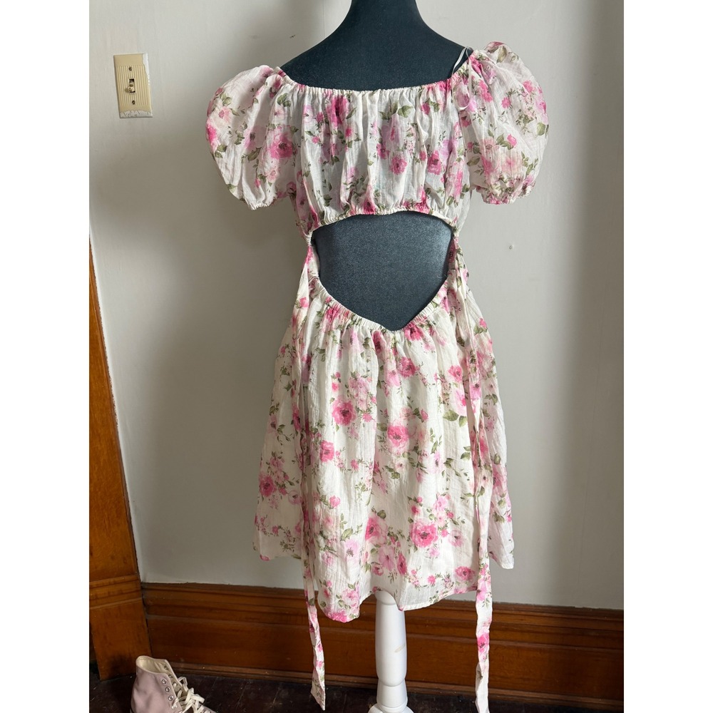 Pink Floral Puff Sleeve open Back Mini Dress XL Cottagecore milkmaid Princess XL - Picture 9 of 14